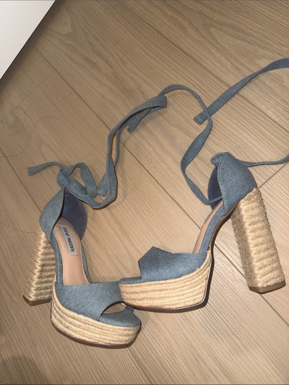 Steve Madden Denim Blue Espadrille Platform Heels with Ankle Wrap